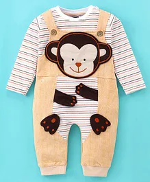 Jb Club Full Sleeves  Striped Tee With Monkey Patch Detailed Sinker  Dungaree - Peach