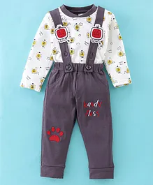 Jb Club Sinker Full Sleeves Animal Printed Tee With Paw & Kandy Floss Embroidered Dungaree - Grey