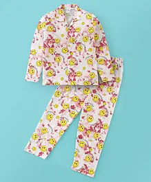 Ollypop Cotton Sinker Knit Full Sleeves Night Suit Emoji Print - Multicolor