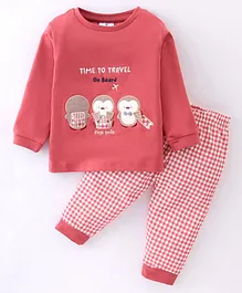 First Smile Cotton Interlock Knit Full Sleeves T-Shirt & Lounge Pant Set Penguin Embroidery - Mulberry Red