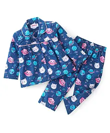 Babyhug Cotton Poplin Woven Full Sleeves Night Suit Kitty Print - Blue