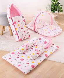 Zoe Bedding Set Sleeping Bag & Mosquito Net Gadda Combo Set of 3 Solar Print- Pink