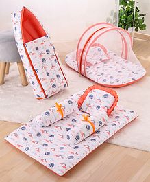 Zoe Bedding Set Sleeping Bag & Mosquito Net Gadda Combo Set of 3 Planet Print - White & Peach