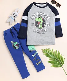 Little Marine Raglan Sleeves Full Sleeves Dinosaur Printed Coordinating Track Pant Set - Blue & Grey