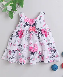 Many frocks & Sleeveless Floral Printed & Bow Detailed Tiered Dress - White & Pink