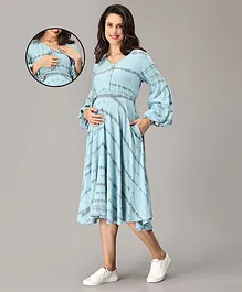 The Mom Store Full Sleeves Shibori Tie Dye Maternity Dress With Concealed Nursing Access - Aqua Blue