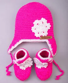 The Original Knit Floral Crochet Detailed Handmade Cap With Socks - Hot Pink