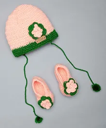 The Original Knit Crochet Floral Detailed Handmade Cap With Socks - Peach & Green