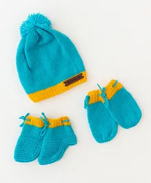 The Original Knit Unisex Self Design Colour Blocked  Handmade Cap With Socks & Mittens - Blue & Yellow