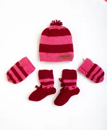 The Original Knit Unisex Striped Designed  Handmade Cap With Socks & Mittens - Pink & Dark Pink