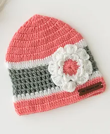 The Original Knit Unisex  Handmade Big Flower Applique Detailed  Cap - Pink & Grey