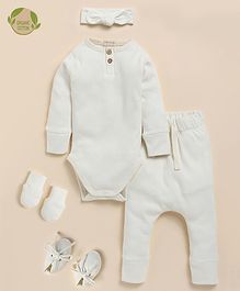 Cot & Candy Organic Cotton Elastane All Over Printed Long Sleeve Round Neck Bodysuit With Pant Booties Mittens & Headband - White