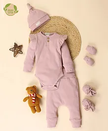 Cot & Candy Pack Of 5 Full Sleeves Frill Detailed & Ribbed Onesie With Mittens & Booties Set - Blush Pink