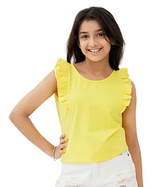 Olele Frill Sleeves Solid Cotton Tee - Yellow