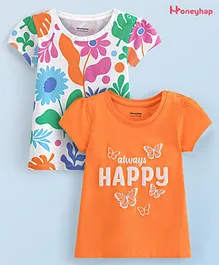 Honeyhap Premium Cotton Half Sleeves T-Shirt with Bio Finish Floral & Butterfly Print Pack Of 2 - White & Orange