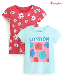 Honeyhap Premium Cotton Half Sleeves T-Shirt with Bio Finish Floral Print Pack Of 2 - Red & Blue