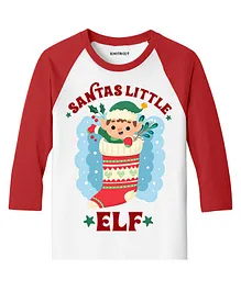 KNITROOT Christmas Theme Raglan Full Sleeves Santa's Little Elf Printed Tee - Red & White