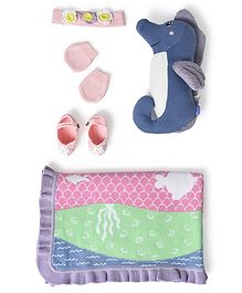 Mi Arcus 100% Cotton Gift Set for Girl  Pack of 5 (Blanket,Toy,Headband, Mittens & Booties) Multicolor, Suitable for Newborn