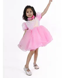 Little Carrot Organza Half Puff Sleeves Sequin  & Bow Embellished Fit & Flared Party  Dress - Pink