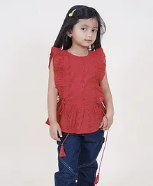 Little Carrot Cap Frill Sleeves Schiffili Embroidered Top -  Red