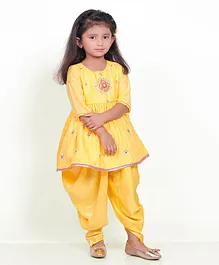 Little Carrot Three Fourth Sleeves Floral Designed Beads Embellished Poly Silk Kurta & Dhoti Set - Yellow
