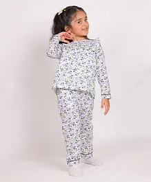 Little Carrot Full Sleeves Seamless Floral Printed Coordinating Tee & Pant Night Suit Set - White & Blue