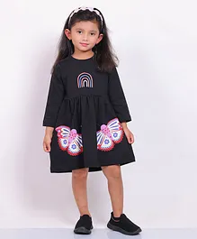 Little Carrot Full Sleeves Placement Rainbow Embroidered & Butterfly Printed Fit & Flare Winter Dress - Black