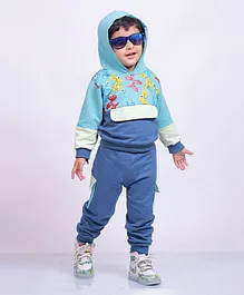 Little Carrot Full Sleeves Placement Balloon Dogs Printed Colour Blocked Hooded Sweatshirt & Joggers Co Ord Set - Blue