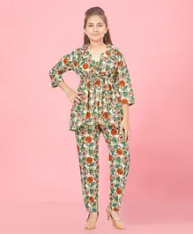 Aarika Three Fourth Sleeves Seamless Floral Printed Coordinating Cotton Front Tie Up Top & Pant Set - Multi Colour