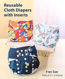 Zoe Free Size Reusable Cloth Diaper with Inserts Cloud Theme- Pack of 3