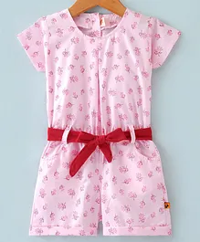 Dew Drops Sinker Half Sleeves  Floral Printed Jumpsuit - Pink