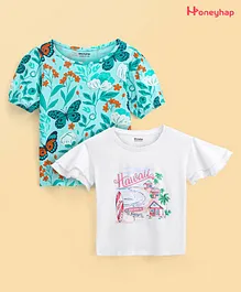 Honeyhap Premium 100%  Cotton Half Sleeves  T-Shirt with Bio Finish Floral Print Pack of 2 - White & Blue