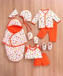 Ohms Cotton Jersey Knit Full Sleeves Inner Wear Set  with Cap Mittens & Booties Floral Print - Orange