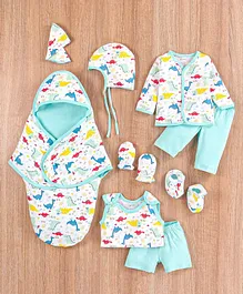 OHMS Cotton Jersey Knit Full Sleeves Inner Wear Set with Cap Mittens & Booties Dino Print - Multicolour