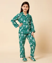 Piccolo Christmas Theme Wool Blended Full Sleeves All Over Xmas Tree Printed Night Suit With Slip Ons  -  Green