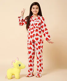 Piccolo Full Sleeves Wool Blended All Over Hearts Printed Night Suit With Slip Ons - White & Red