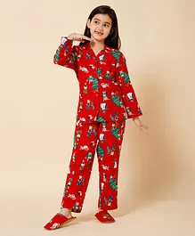Piccolo Christmas Theme Full Sleeves All Over Snow Dog & Kittens Printed Night Suit With Slip Ons - Red