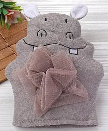 Baby Bath Glove Hand Shape Hippo Design - Grey