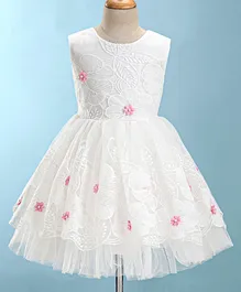 Bluebell Woven Lace Sleeveless Party Frock With Floral Applique & Embroidery - White