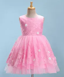 Bluebell Woven Lace Sleeveless Party Frock With Floral Applique & Embroidery - Pink