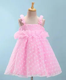 Bluebell Woven Sleeveless Party Frock With Floral Applique & Embroidery - Pink