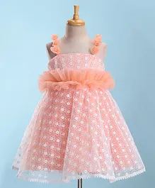 Bluebell Woven Sleeveless Party Frock With Floral Applique & Embroidery - Peach