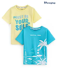 Honeyhap Premium 100% Cotton Jersey Knit Half Sleeves Tropical Theme Print T-Shirts with Bio Finish - Blue Radiance & Lemonade