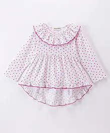 CrayonFlakes Full Sleeves Polka Dots Printed Frilled Detailed & High Low Top - Off White