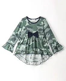 CrayonFlakes Full Sleeves  Camouflage Printed Bow Detailed  High Low Top - Green
