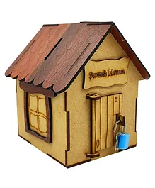 Sanjary Wooden HUT PiggyBank with Lock and Key- Multicolor
