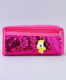 Pencil Pouch With Sequin Detailing & Puppy Applique - Fuchsia