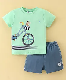 First Smile Cotton Interlock Knit Half Sleeves T-Shirt & Shorts Bicycle Print - Green