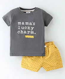 First Smile  Interlock Cotton Half Sleeves Text Printed T-Shirt & Shorts Set - Stone Grey & Yellow