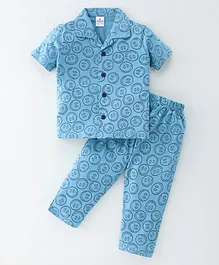 Ollypop Sinker Half Sleeves Night Suit Smiley Printed - Sky Blue